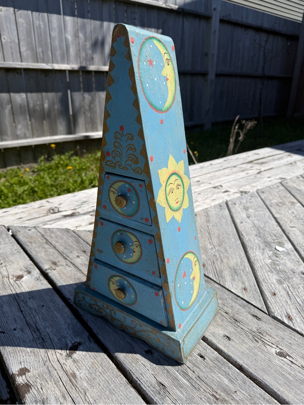 Vintage celestial Hand-Painted Blue Pyramid Drawer Chest